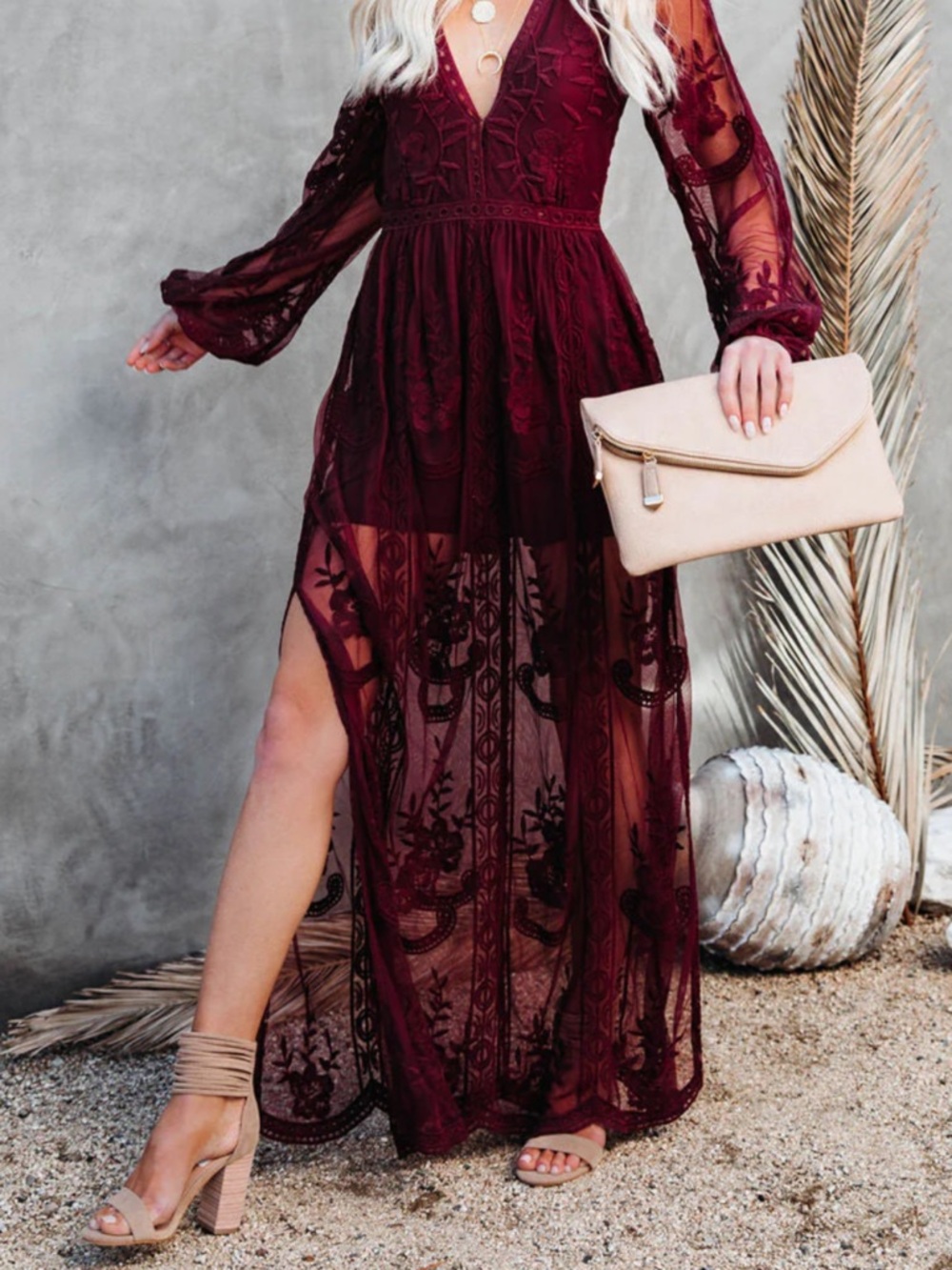 Wishlist Burgundy Lace Maxi Dress with Sheer Skirt